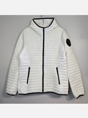 🌿 🇨🇦 Pajar Women Cream Lightweight Hooded Puffer W/ Black Trim, Size L ~ EUC
